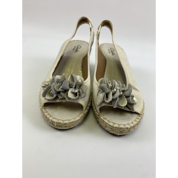 Clarks Artisan Slingback Espadrille Wedge Sandal Leather Flower SlipOn Women 7.5 - Picture 3 of 16